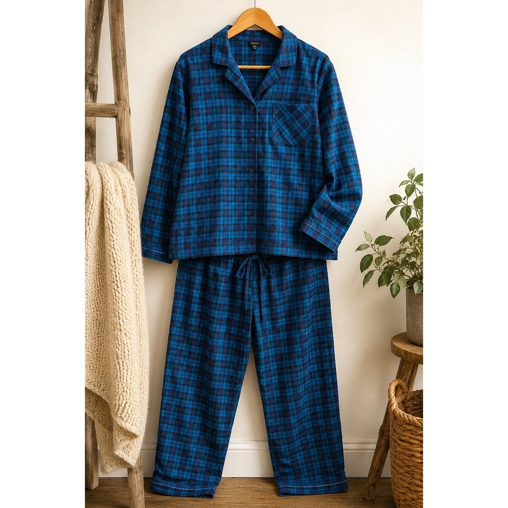 Women's XL Blue Tartan Plaid Cotton Flannel Pajama Set Christmas Cozy CabinCore